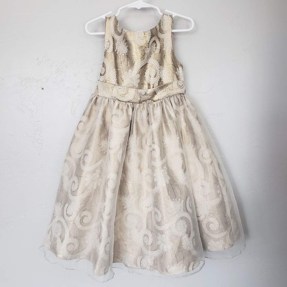 Kid's Dream Little Girl 3/4 Sleeveless Formal Dress Gold Champagne Paisley Print